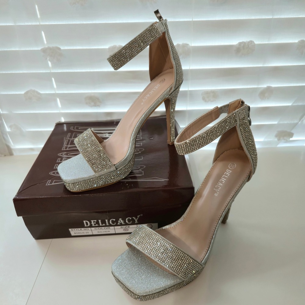 Delicacy Bonus-25 Silver Rhinestone Platform Ankle Strap Stiletto Heels 10